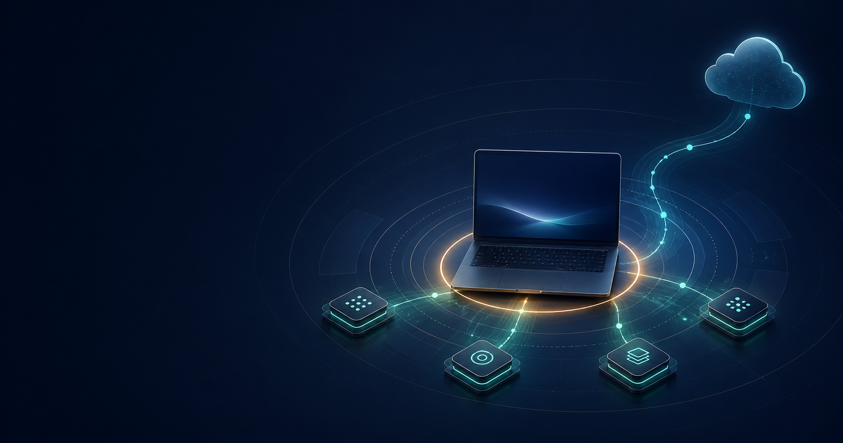 Abstract illustration of adaptive AI around a laptop